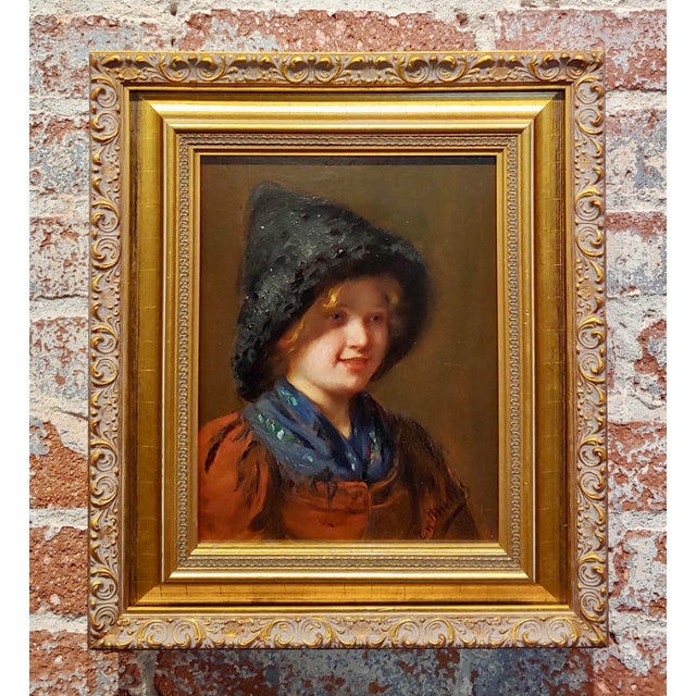 Emma Muller -19th C. Portrait of a Young Blonde W/A Furry Hat-Oil Painting For Sale - Image 9 of 9
