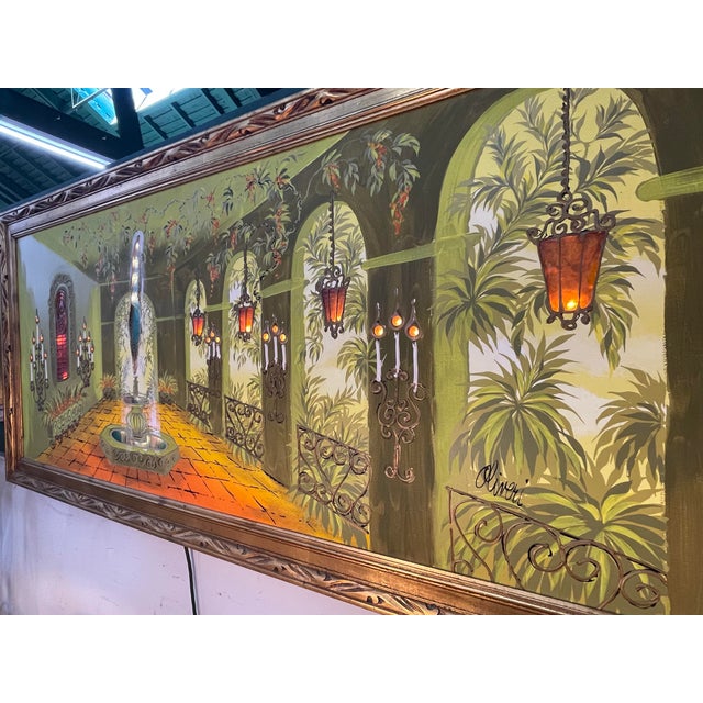 Mid-Century Modern Light-Up Mid-Century Illuminated Courtyard Oil Painting For Sale - Image 3 of 4