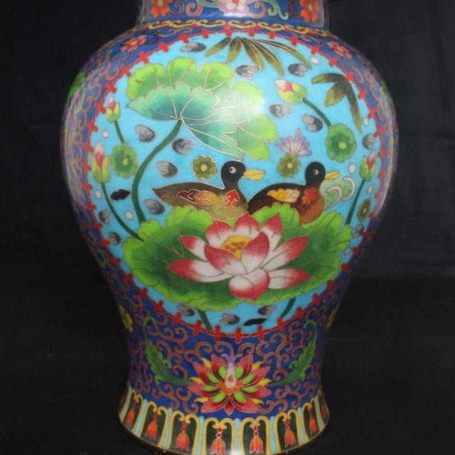Metal Large Pair of Chinese Cloisonné Enamel Mandarin Duck & Lotus Jars With Lids - 19" Tall For Sale - Image 7 of 9
