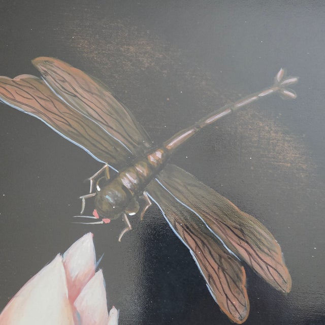 Mid 20th Century Two Panel Black Lacquered Koi Fish Lotus Flower With Dragon Fly Artist Signed For Sale - Image 9 of 15