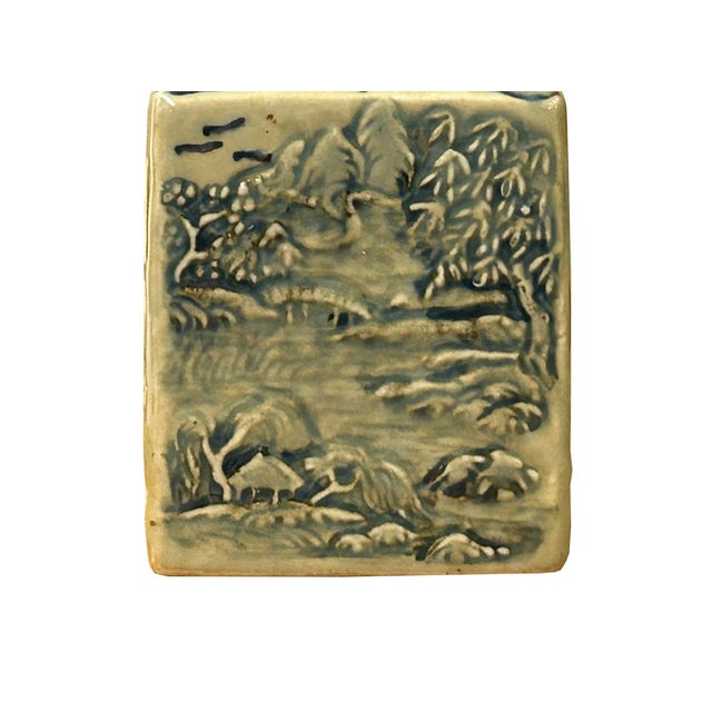 Cream Celadon Porcelain Blue Flower Graphic Square Container For Sale - Image 9 of 10