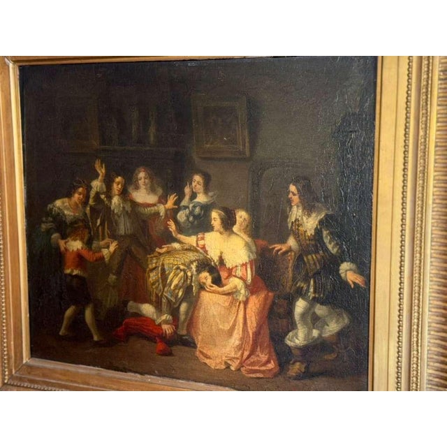 French 19th Century Genre Scene in an 18th Century Interior, Signed “Monfallet” and Dated 1853, Oil on Canvas. For Sale - Image 4 of 11