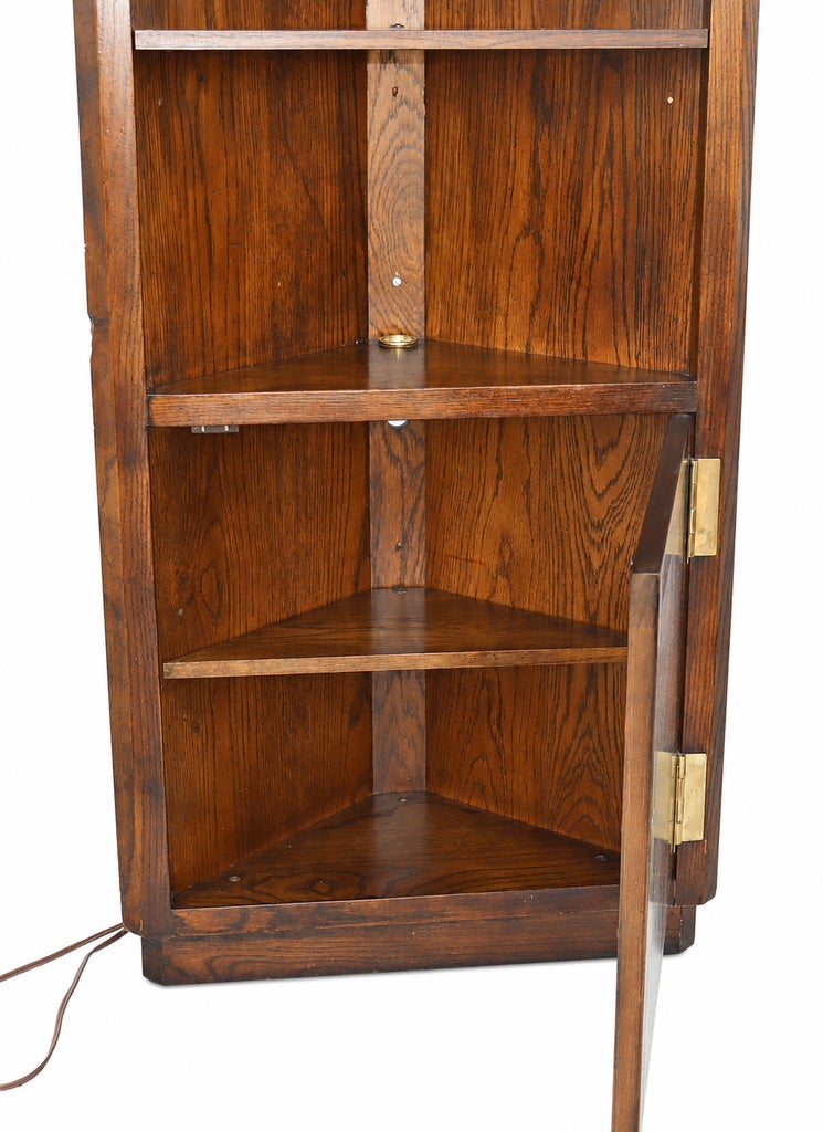 1970s Campaign Vintage Henredon Lighted Oak Corner Display Cabinet With Glass Door — view 6