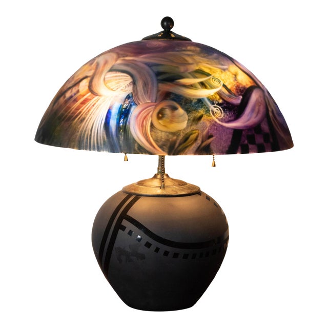 Contemporary Ulla Darni (1937 - 2022) - Reverse Painted Lamp - 21" H X 18 1/2" W For Sale