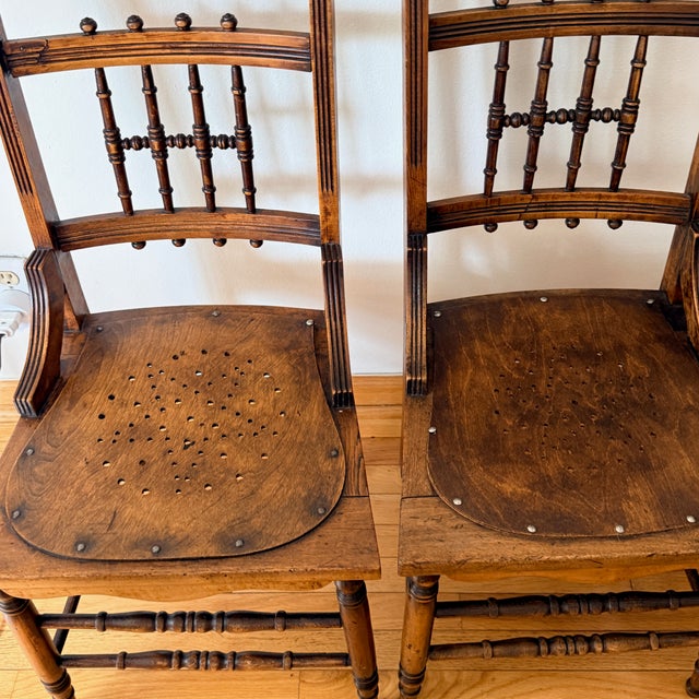 Wood Pair Pressed Back Chairs With Leather Seats For Sale - Image 7 of 11