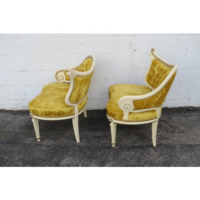 Antique White French Carved Asymmetrical Ladies Parlor Side Chairs a Pair 6287 For Sale - Image 8 of 18