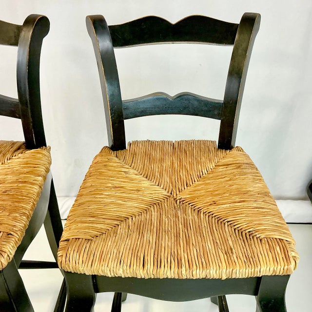 Wood 1980s Vintage Boho Chic Farmhouse Rush Seat Ladderback Barstools - A Pair For Sale - Image 7 of 17