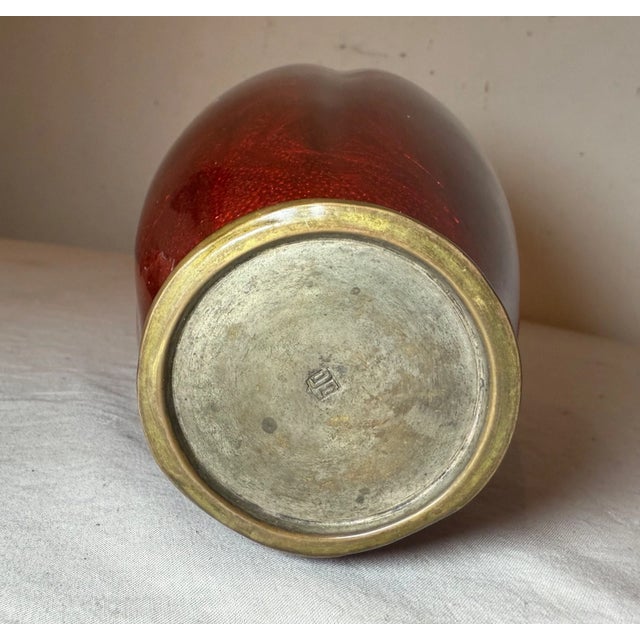 Antique Japanese Ginbari Red Foil Enamel Bird Bamboo Bronze Guilloche Vase Asian For Sale - Image 12 of 18