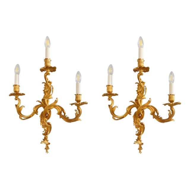 Gilt Bronze Three-Light Wall Sconces by Maison Baguès, Set of 2 For Sale