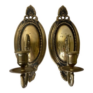 Pair of Vintage Brass Candle Sconces With Ornate Backplates – PWF For Sale