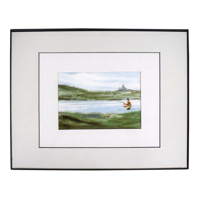 Maine Fly-Fisherman in Stream 2012 Watercolor by John Handcock For Sale