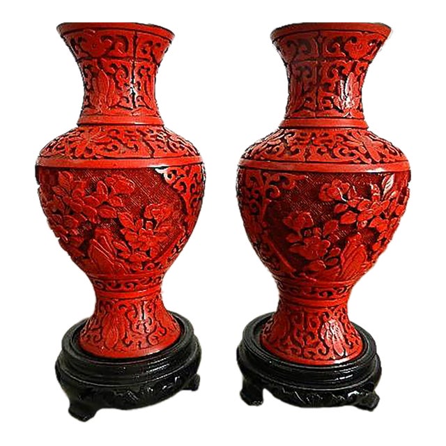 Pair of Mid-Century Chinese Red Cinnabar Vases - Red Lacquer Over Brass For Sale