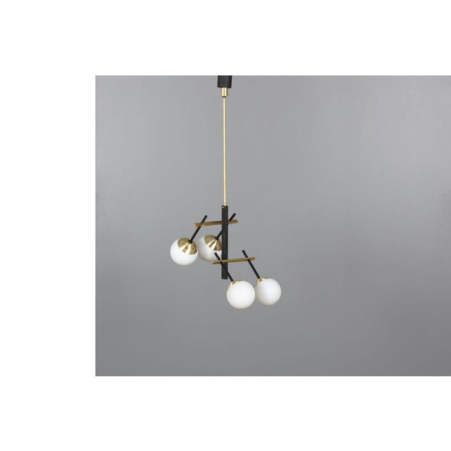 Vintage Pendant Light in Black Metal, Brass & Opaline Glass, 1950s For Sale - Image 4 of 10