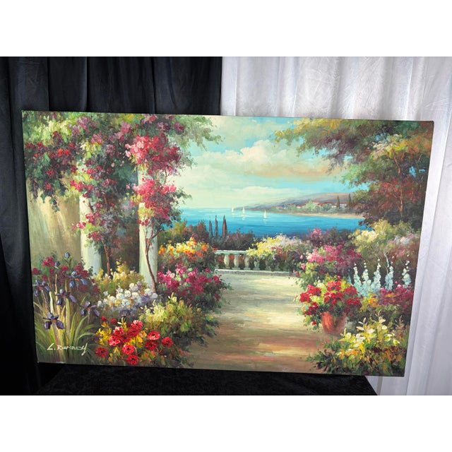 A luminous Mediterranean escape captured in oil and light. This expansive 36" x 24" original painting opens onto a...
