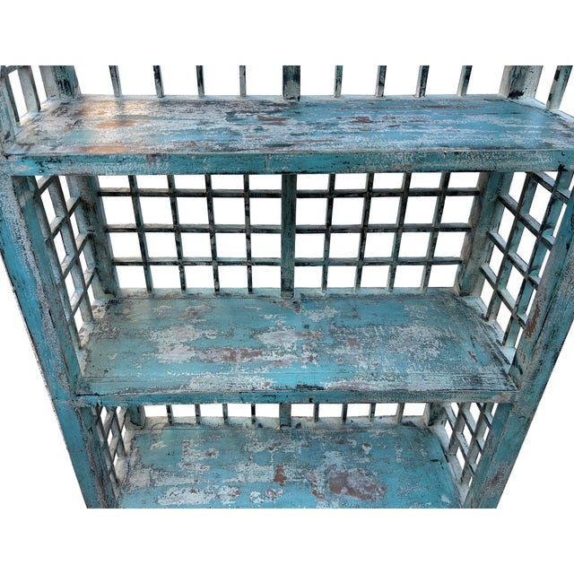 2000 - 2009 Distressed Teal Blue Green Grid Style Back Side Bookcase Display Cabinet For Sale - Image 5 of 6