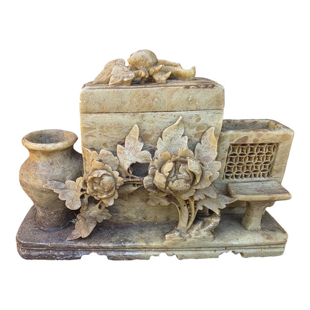Vintage Hand-Carved Asian Soapstone Scholar’s Desk Set With Floral Motif For Sale