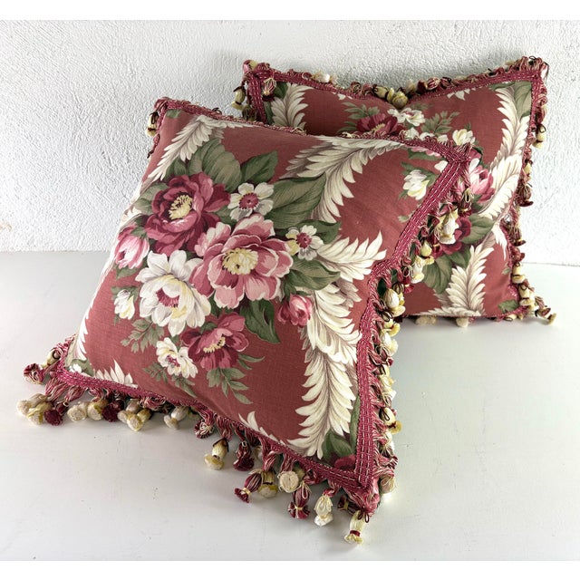 Early 20th Cent. Hand Printed Cotton Tasseled Floral Pillows/Pair For Sale - Image 4 of 9