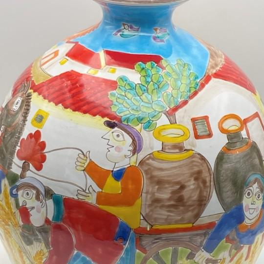 Ceramic Vintage Giovanni DeSimone Vase - Farm and Harvest Scenes, Signed (Rare Large Size 11¾” X 10”) For Sale - Image 7 of 12