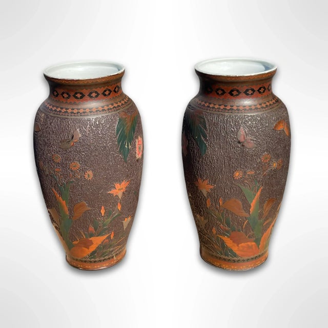 A premier original matching pair of antique cloisonné on porcelain “tree bark” baluster vases hand-crafted in Japan during...