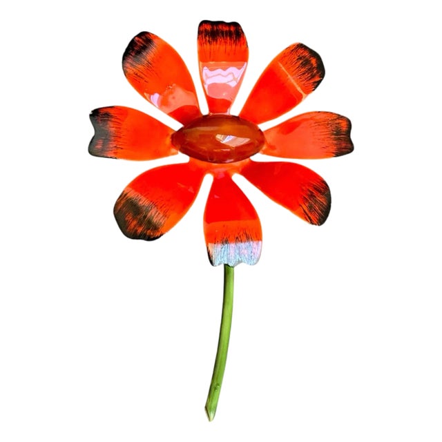 Vintage Enamel Daisy Brooch Orange Flower Pin Original by Robert 60s Retro For Sale