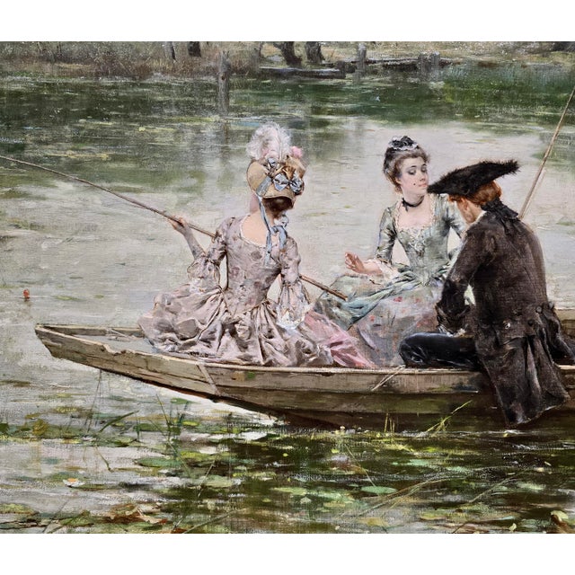Late 19th Century Leon Moran—Elegant Figures Fishing on the Water-19th-Century American Romantic Oil Painting For Sale - Image 5 of 14