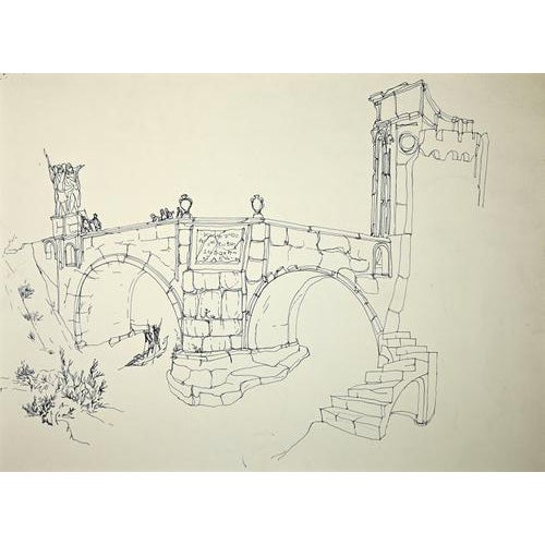 After Giulio Zek, Rome, Ponte Milvio, Drawing in Pen, 1960s For Sale