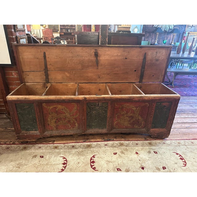 Very old gorgeous large Italian trunk, dated inside late 17th century, having wonderful hand painted decoration and...