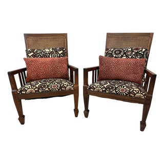 Antique Teak and Cane Arts & Crafts Style Plantation Chairs With Dowel Construction- A Pair For Sale