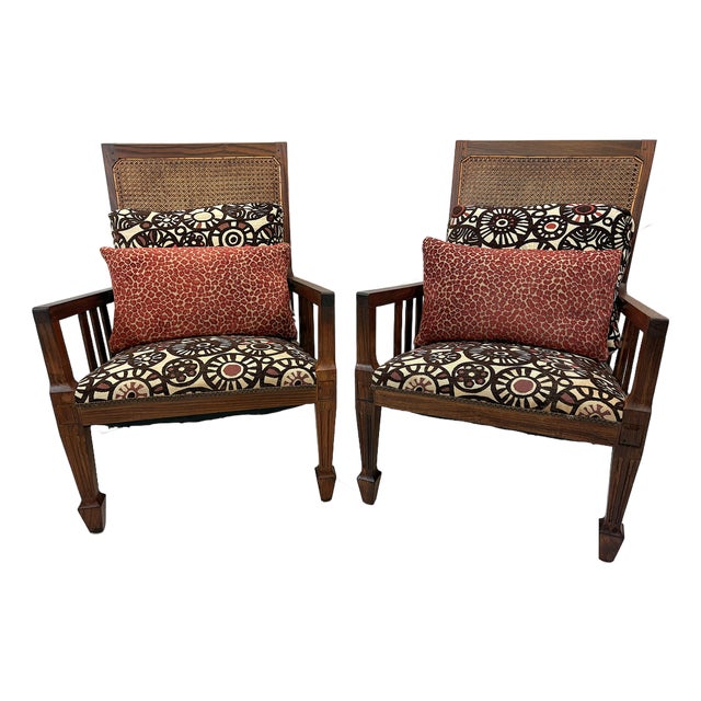 Antique Teak and Cane Arts & Crafts Style Plantation Chairs With Dowel Construction- A Pair For Sale