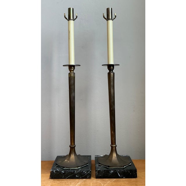 Hollywood Regency Vintage Chapman Brass and Marble Candlestick Lamps - A Pair For Sale - Image 3 of 18