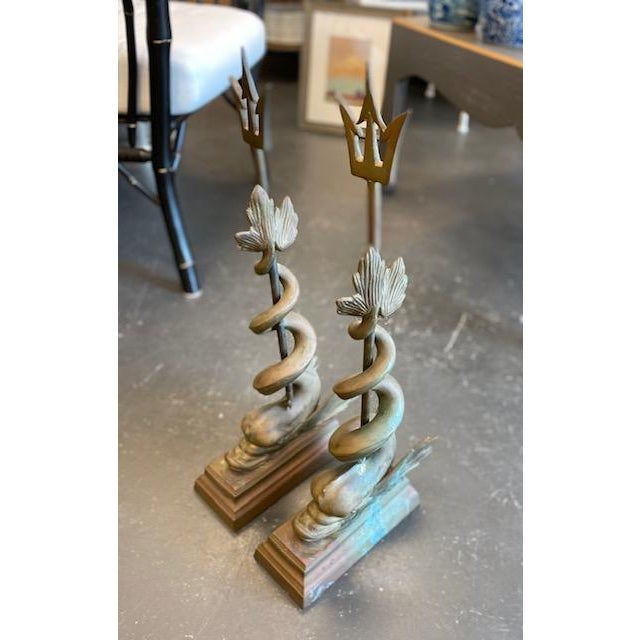 Late 19th Century A Pair of Large Cast Bronze Dolphin Serpent Trident Doorstops For Sale - Image 5 of 6