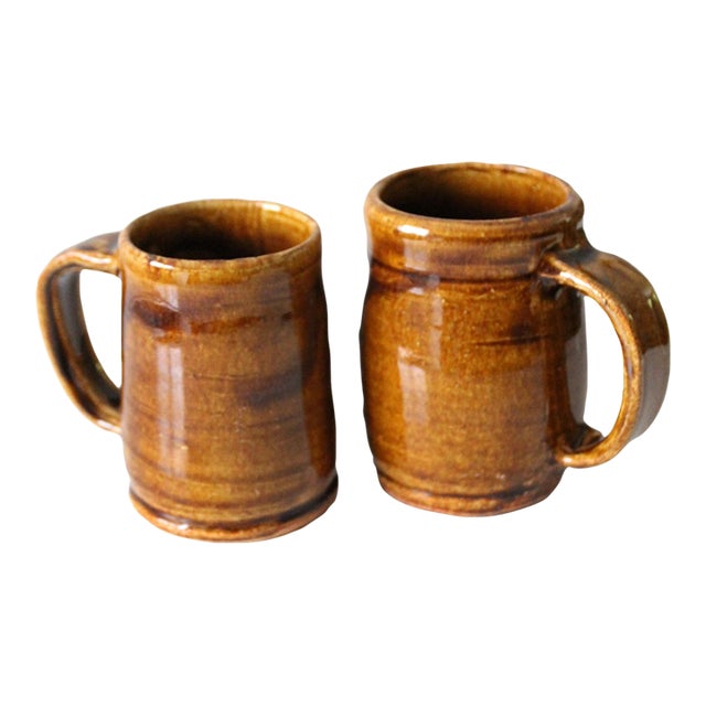 Vintage Rustic Handmade Pottery Mug Pair For Sale