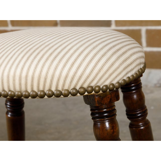English Turned Oak 19th Century Stool on Casters with Oval Upholstered Seat For Sale - Image 10 of 12