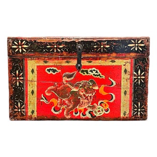 Antique Tibetan Hand Painted Red Lacquer Trunk Foo Dog Chest 20" For Sale