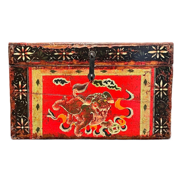 Antique Tibetan Hand Painted Red Lacquer Trunk Foo Dog Chest 20" For Sale