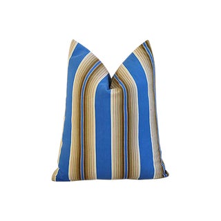 Custom Tailored Blue & Tan French Ticking Striped Feather/Down Pillow 16" X 20" For Sale