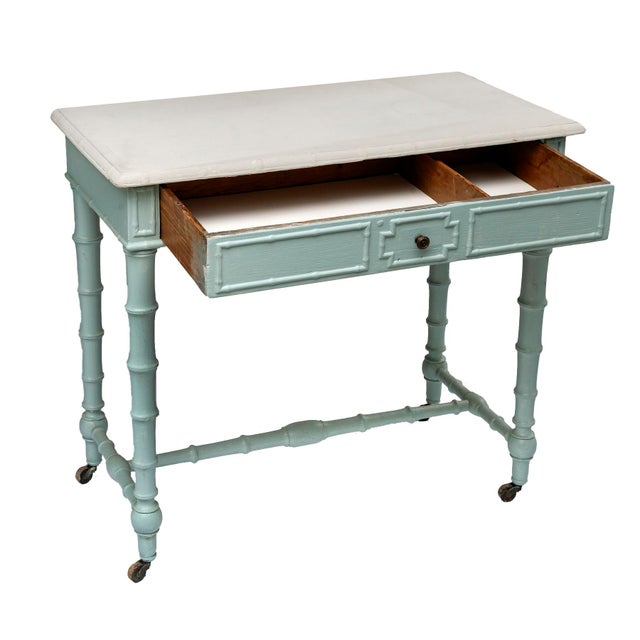 A Charming Antique Painted Faux Bamboo Desk W/Drawer and caster wheels. In Pale Blue Paint.
