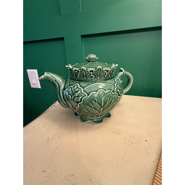 Vintage Majolica Green Cabbage Ware Tea Pot For Sale - Image 12 of 12