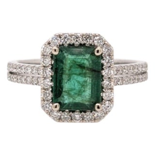 Split Shank Emerald Ring With a Natural Diamond Halo: Solid 14k Gold, 8×6mm, Size 6.75 For Sale