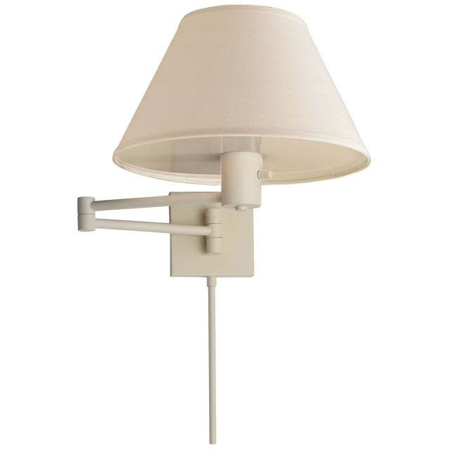 Classic Swing Arm Wall Lamp in White with Linen Shade Height: 11" Extension: 25" Backplate: 4.5" Square Mounting: Portable...