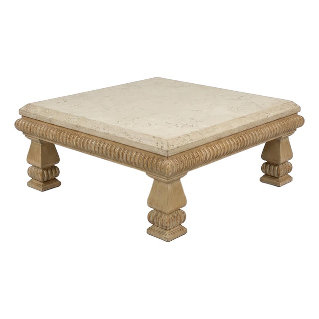 1990s Attributed to Kreiss Contemporary Travertine Stone Carved Wood Coffee Table For Sale