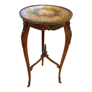 French, Louis XV Style, Inlaid/Marquetry Designed With Instruments and a Floral Motif, Side Table, Adorned W/Brass Embellishments and Cabriole Legs