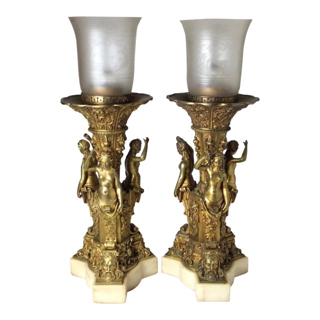 1900s Bronze and Marble Large Garniture Lamps - A Pair For Sale
