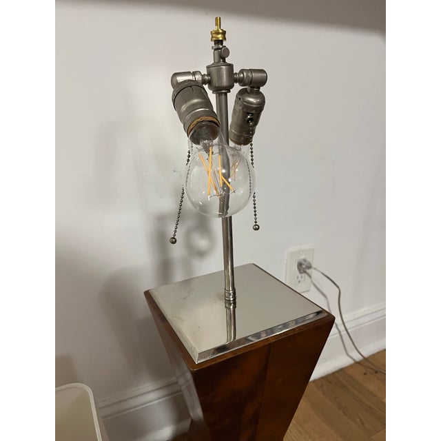 Chocolate Mid-Century Modern Danish Burlwood Polished Pyramidal Lamp With Two Fixtures For Sale - Image 8 of 12