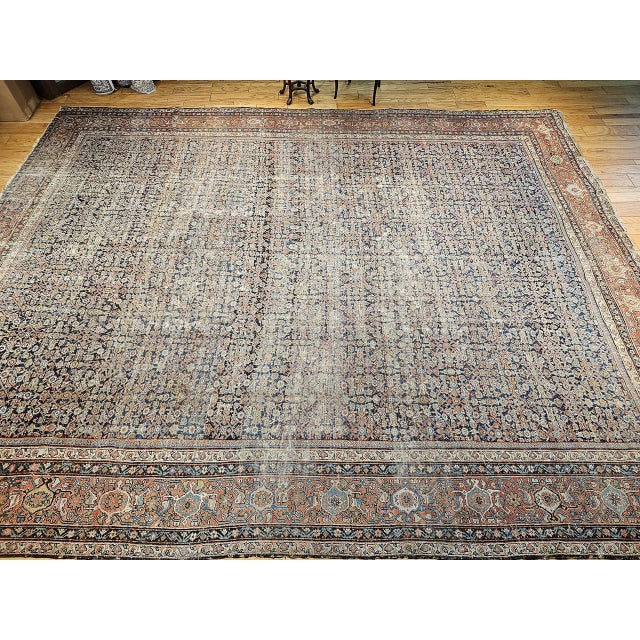 19th Century Oversized Persian Farahan, Hand-Knotted Wool, Allover Herati Geometric Pattern, Navy & Red, 14x18 For Sale - Image 10 of 18