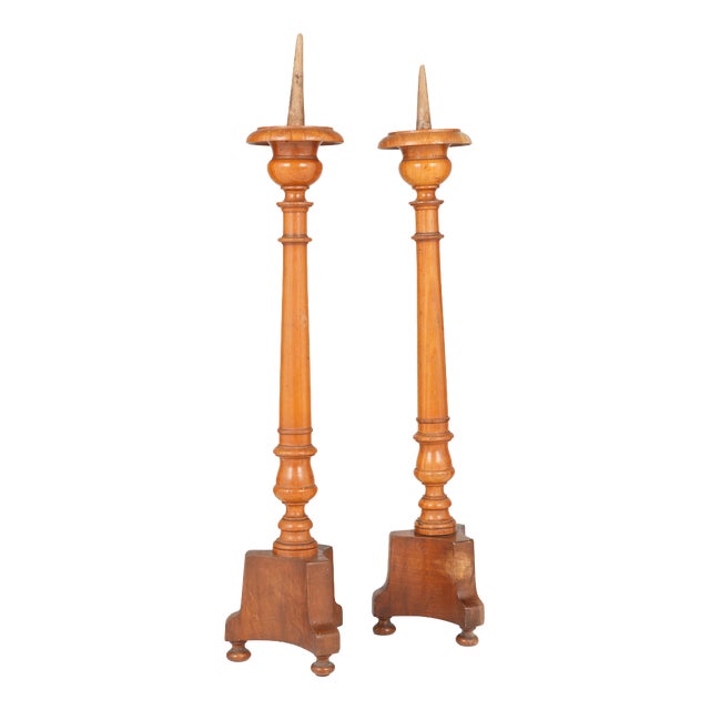 19th Century French Turned Wood Candlesticks, Set of 2 For Sale