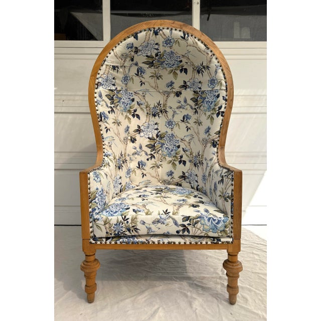 Here is a STUNNING, statement piece featuring a French porters chair shape with Chinoiserie inspired upholstery. The chair...