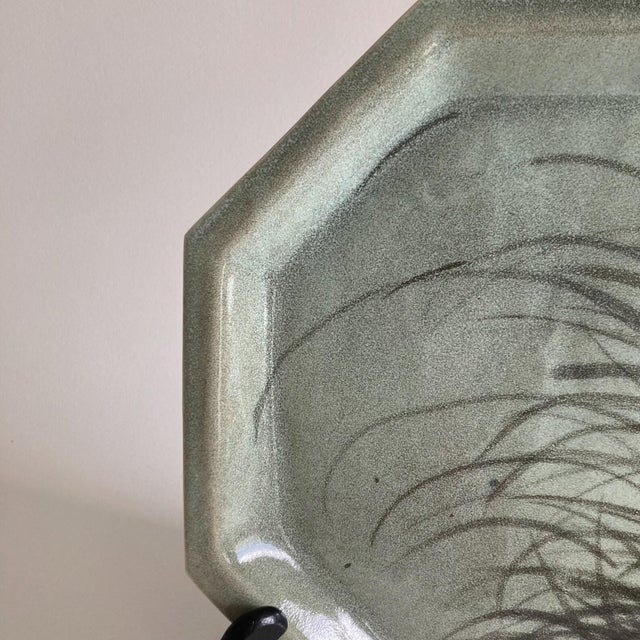 Artist Made Studio Pottery Octagonal Platter - Hand Painted Heron Marsh Scene - Artist Signed For Sale - Image 4 of 10