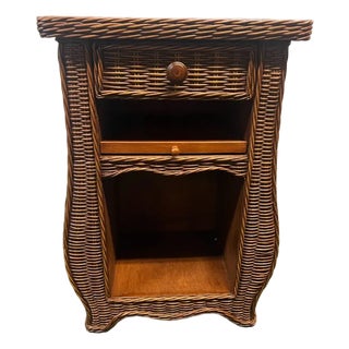 Vintage MCM Wicker Side Table With Drawer For Sale