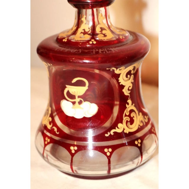 Antique 1800's Hand Enameled Painted Etched German Glass Wine Decanter W Chalice For Sale - Image 9 of 12